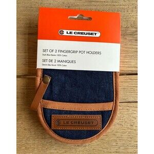 Le Creuset 100% Set of 2 Fingergrip Pot Holders Dark Blue Denim NEW